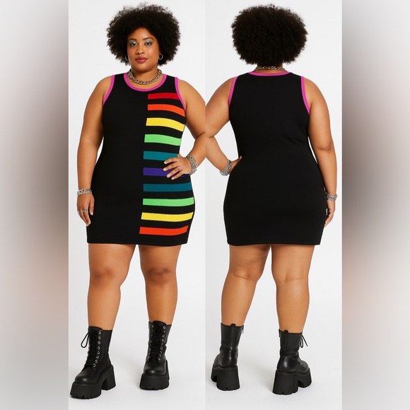ELHOFFER DESIGN Pride Rainbow Fitted Knit Sheath Mini Dress Sleeveless Black - Picture 2 of 14